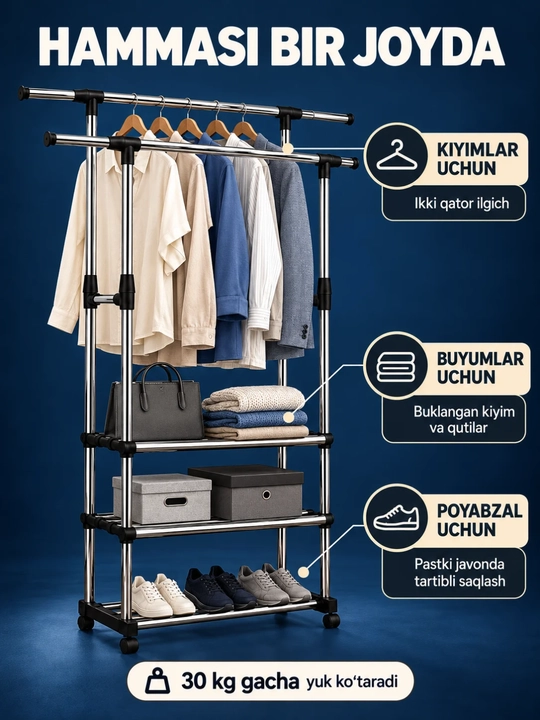 Kiyimlar uchun polga qo‘yiladigan ilgich, ikki qatorli, 3 tokchali