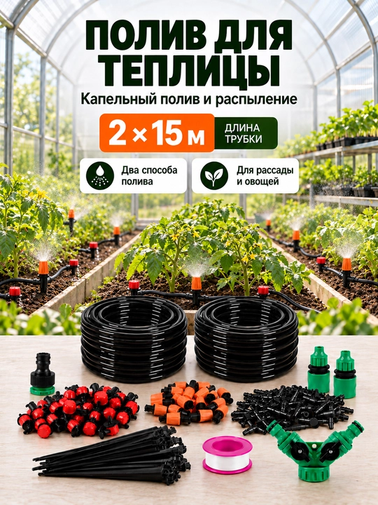 Issiqxona uchun sug‘orish to‘plami, tomchilatib sug‘orish va purkash - 