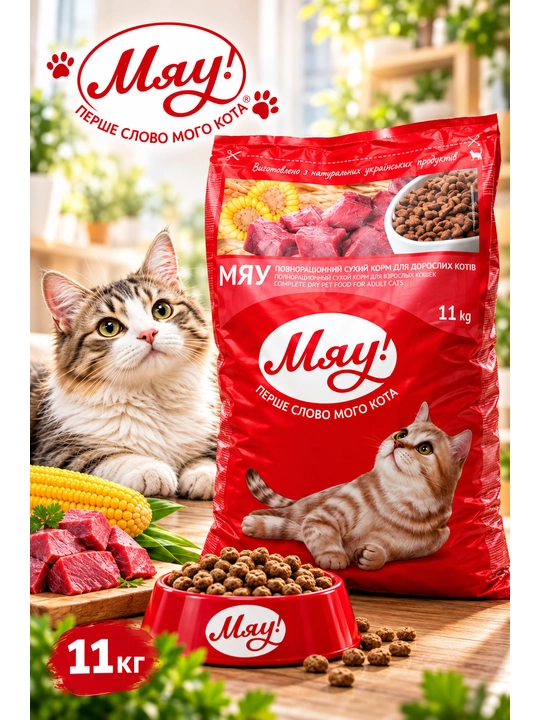 Miyov! - Go'shtli kattalar mushuklari uchun quruq ovqat, 11 kg