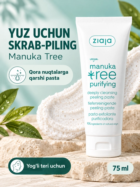 Yuz uchun skrab-piling Ziaja Manuka Tree, qora nuqtalarga qarshi pasta, 75 ml - 