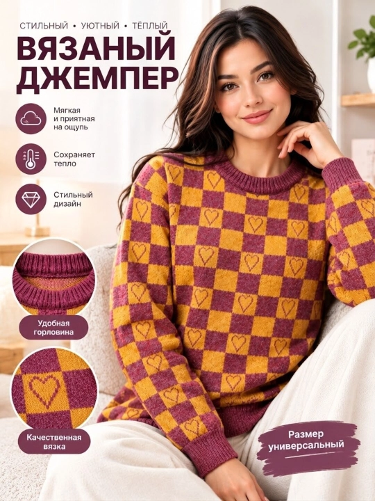 Вязаный женский джемпер в клетку с сердцами - 
