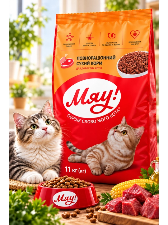 Miyov! - Kattalar mushuklari uchun quruq go'shtli ovqat, 11 kg
