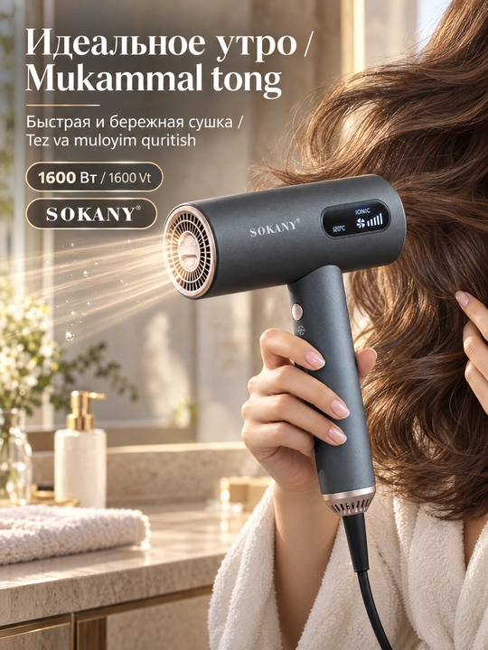 Soch quritgichi SOKANY SK-15053 yuqori tezlikda cho'tkasiz, 110000 rpm, ionlash, 1600 Vt - 