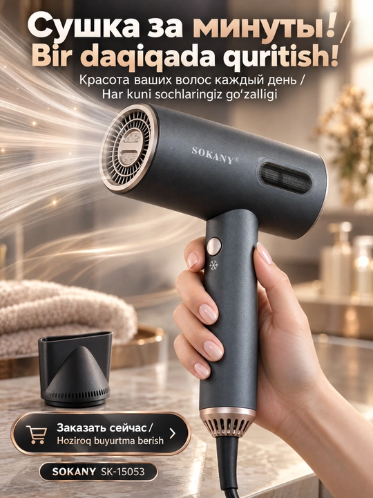 Soch quritgichi SOKANY SK-15053 yuqori tezlikda cho'tkasiz, 110000 rpm, ionlash, 1600 Vt