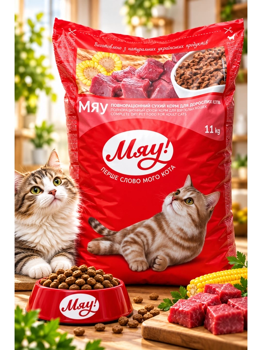 Miyov Go'shtli kattalar mushuklari uchun quruq ovqat, 11 kg