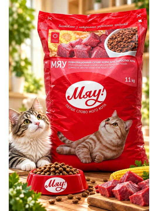 Miyov! Go'shtli kattalar mushuklari uchun quruq ovqat, 11 kg