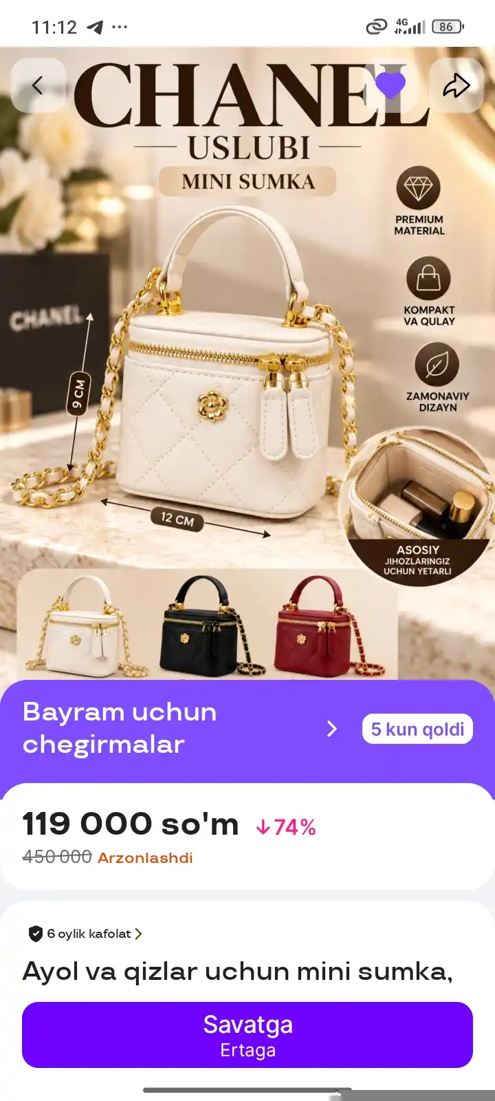 Ayol va qizlar uchun mini sumka, kross-bodi yelkama o’lcham 12x9