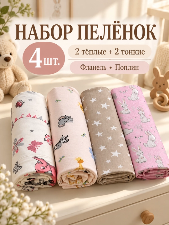 Набор пеленок, для новорожденных, 4 шт, теплая и тонкая, 100% хлопок, для роддома