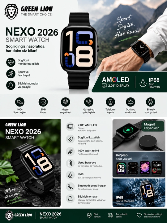 Aqlli soat, smart watch, erkaklar soati, ayollar soati, bluetooth soat, Green Lion