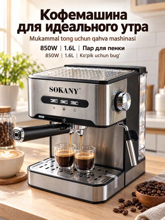Espresso kofe mashinasi SOKANY SK-6863 850Vt, 1.6l suv idishi - 