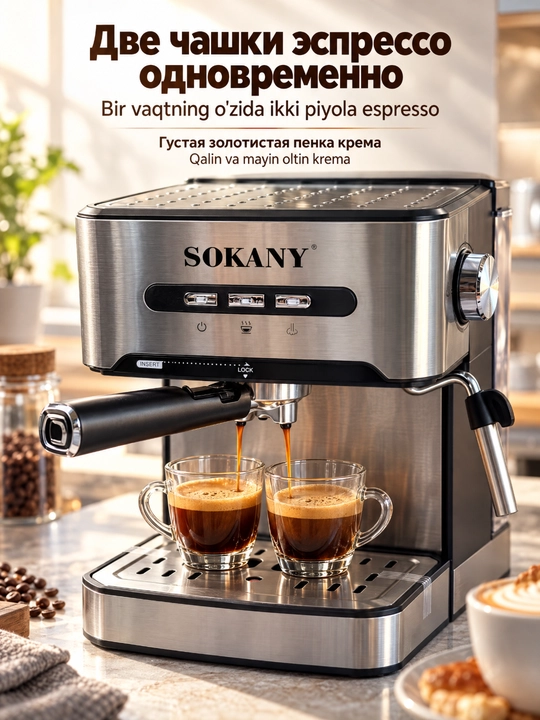 Espresso kofe mashinasi SOKANY SK-6863 850Vt, 1.6l suv idishi