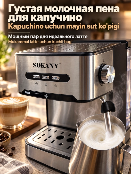 Espresso kofe mashinasi SOKANY SK-6863 850Vt, 1.6l suv idishi