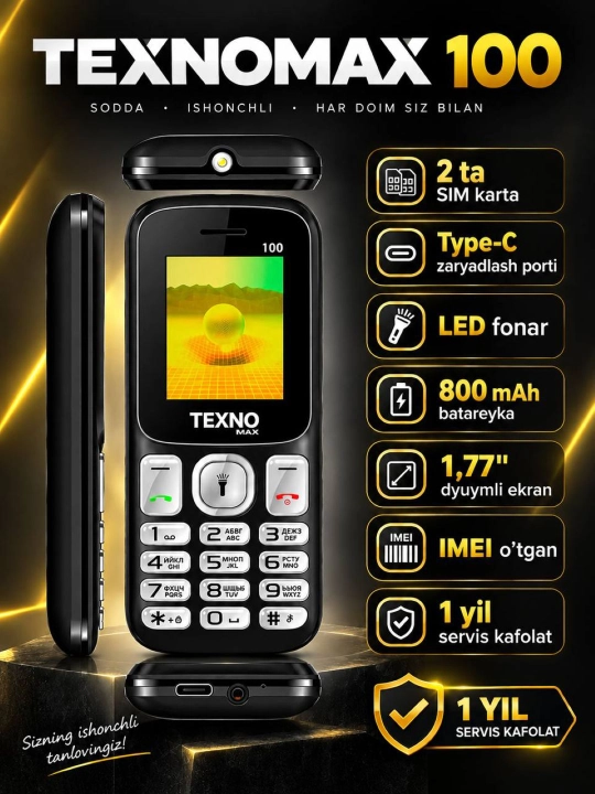 Texnomax 100 tugmali telefoni. 2 sim karta, FM radio, MP3, Ovoz yozish - 
