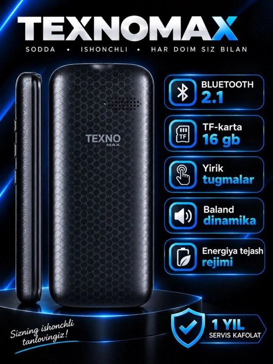 Texnomax 100 tugmali telefoni. 2 sim karta, FM radio, MP3, Ovoz yozish