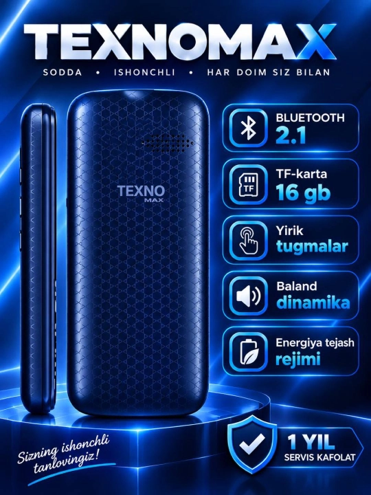 Texnomax 100 tugmali telefoni. 2 sim karta, FM radio, MP3, Ovoz yozish