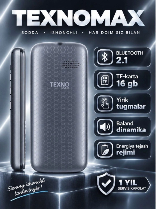 Texnomax 100 tugmali telefoni. 2 sim karta, FM radio, MP3, Ovoz yozish