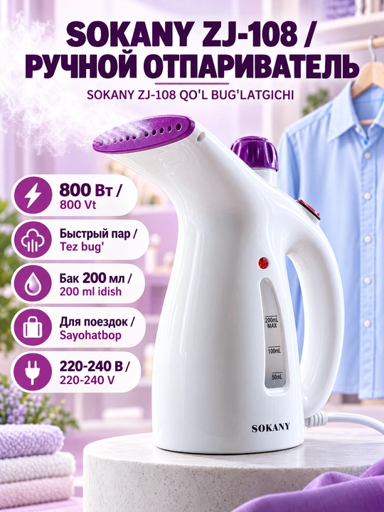 Sokany ZJ-668 qo'l bug' dazmoli,800Vt,200ml suv idishi,portativ kiyim bug' dazmol - 