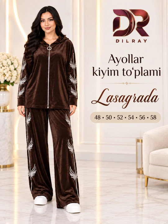 Ayollar uchun lasagrad to‘plami, kapyushonli yaltiroq kofta va keng shim, 48-58 - 