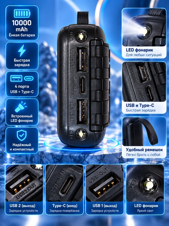 Повербанк 10000 мАч, 4 встроенных кабеля, USB и Type-C, LED-фонарик