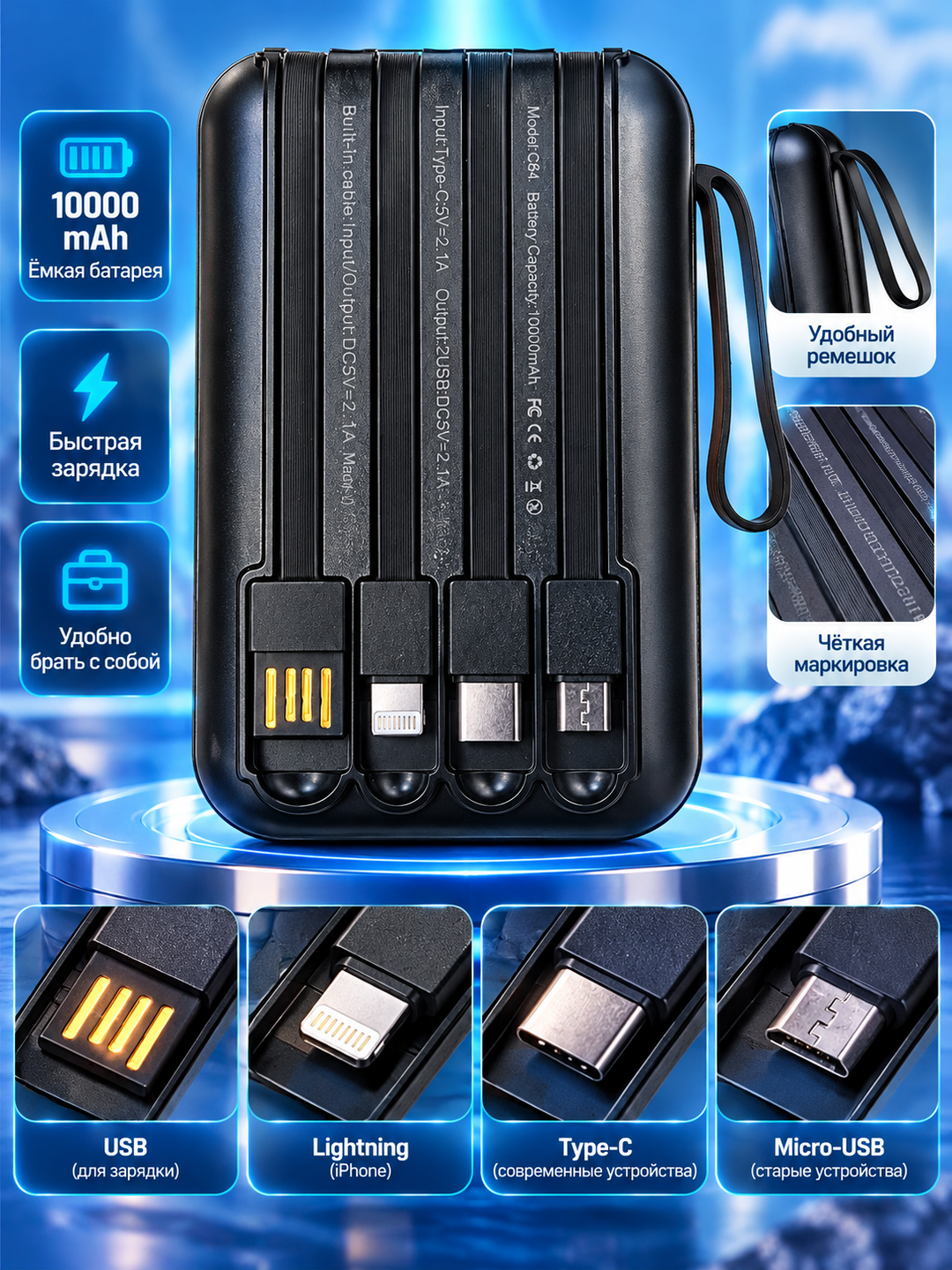 Повербанк 10000 мАч, 4 встроенных кабеля, USB и Type-C, LED-фонарик