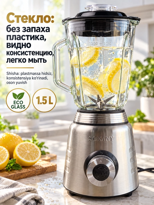 Блендер2-в-1 SOKANY SK-03048, 800Вт, стеклянная чаша 1,5л