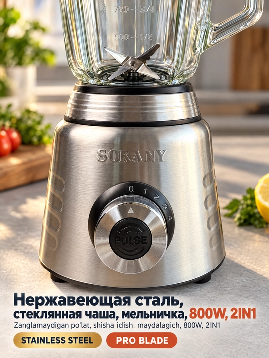 Блендер2-в-1 SOKANY SK-03048, 800Вт, стеклянная чаша 1,5л