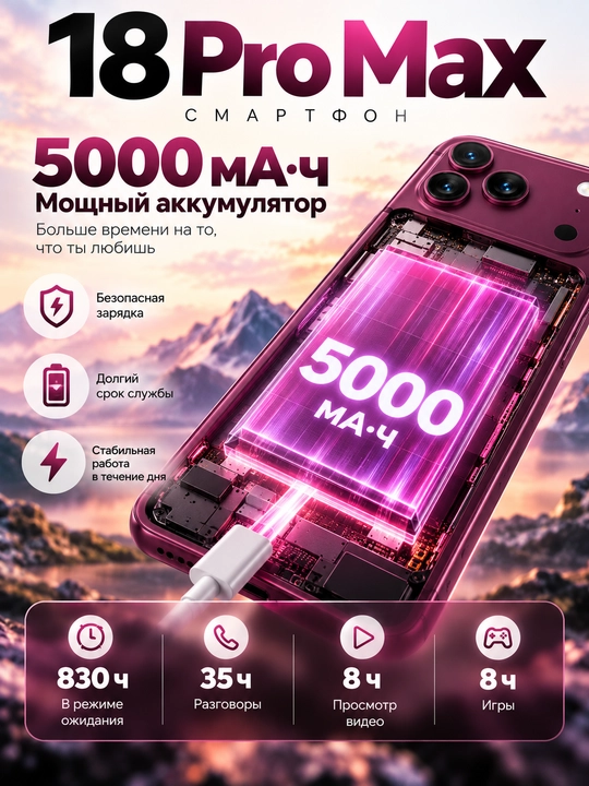 18 ProMax smartfoni, 6,9 dyuymli ekran, 120 Gts, 24/256 GB xotira, 5150 mA·soat batareya