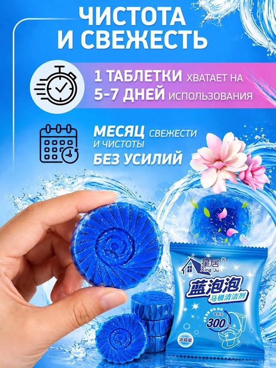 Таблетки для бачка унитаза, с чистящим средством, антибактериальные