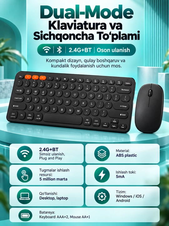 Simsiz klaviatura va sichqoncha to‘plami Dual-Mode, Bluetooth 2.4G, 10 m, qora, ixcham - 
