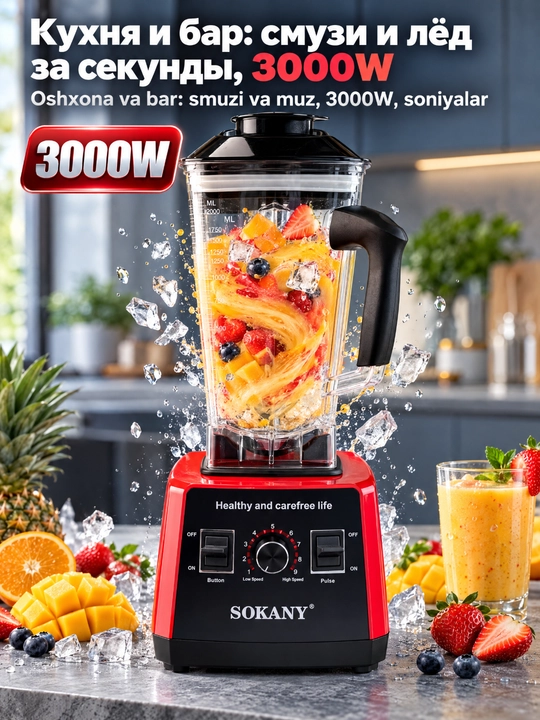 Стационарный блендер SOKANY 3000 Вт, 2,5 л, 6 стальных ножей, импульсный режим - 