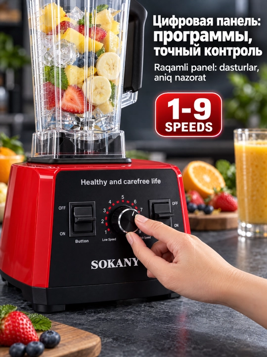 SOKANY statsionar blender 3000 Vt, 2,5 l, 6 po'lat pichoq, impuls rejimi