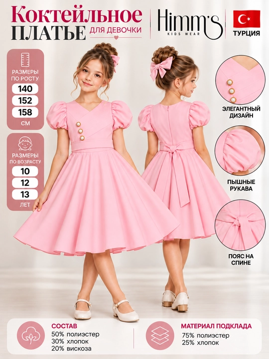 Классическое платье девочке, коктейльное, нарядное, выходное, Турция, 140-158, 10-13лет - 