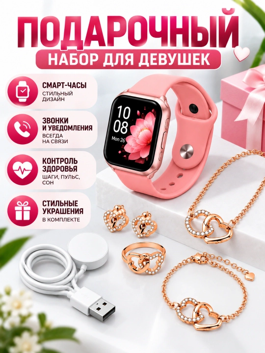 Ayollar uchun aqlli soat Smart Watch, taqinchoqlar bilan sovg‘a to‘plami, 5 tasi 1 da - 