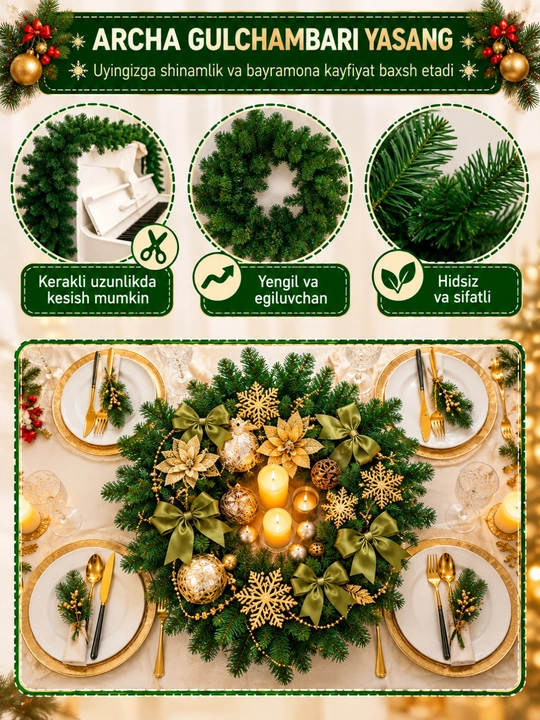 Yangi yil dekoratsiyasi uchun archa shoxli dekorativ girlyanda