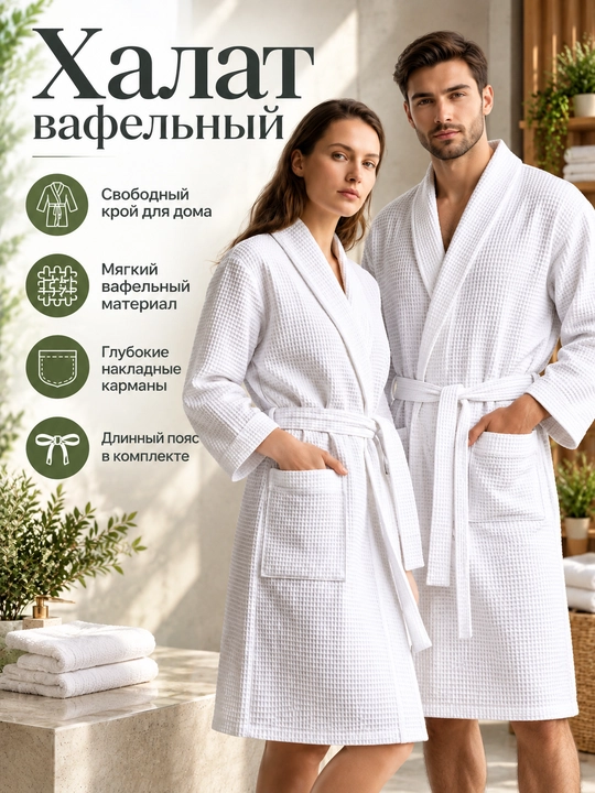 Халат вафельный банный 100% хлопок, мужской и женский, с карманами и поясом - 