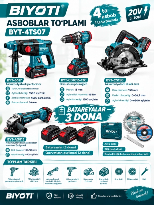 Akkumulyatorli asboblar to'plami 4 ta, Shurupavert, bolgarka, perforator, sirkulyar arra - 