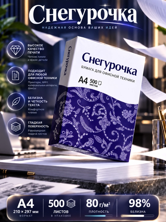 Snegurochka A4 ofis qog'ozi 80 g/m², 500 varaq, oq, printer va kseroks uchun - 