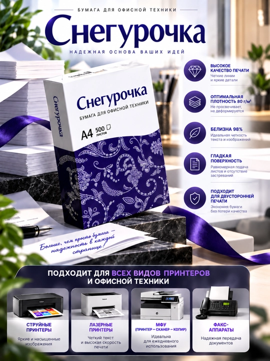 Snegurochka A4 ofis qog'ozi 80 g/m², 500 varaq, oq, printer va kseroks uchun