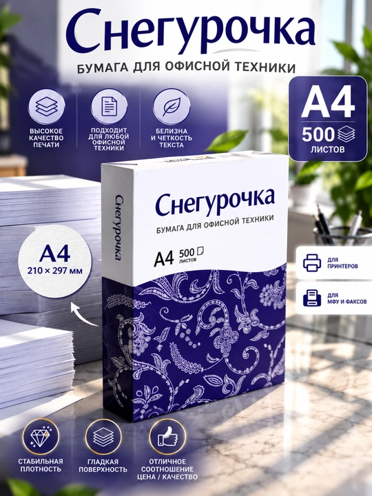 Snegurochka A4 ofis qog'ozi 80 g/m², 500 varaq, oq, printer va kseroks uchun