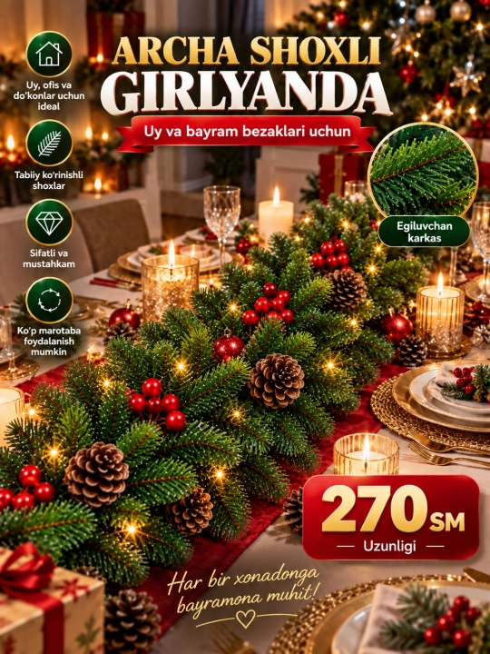 Bayramona archa shoxli girlyanda 270 sm — qorli uchlar, shishka va qizil rezavorli - 