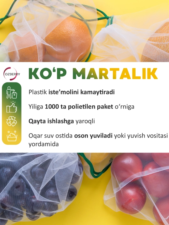 15 ta to‘plam, meva va sabzavotlar uchun mo‘ljallangan ko‘p martalik eko paketlar