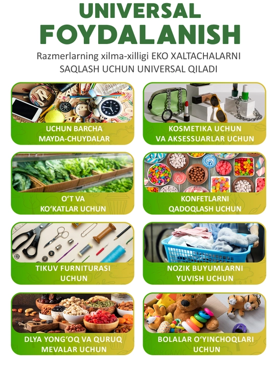 15 ta to‘plam, meva va sabzavotlar uchun mo‘ljallangan ko‘p martalik eko paketlar