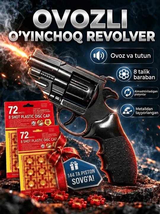 Bolalar uchun o‘yinchoq revolver, 8 zaryadli pistoletlar, tovush va tutun effektli - 