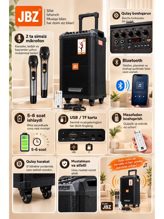 JBZ kalonka,portativ karnay,karaoke,2 mikrofon,Bluetooth,USB, kuchli ovoz, simsiz mikrofon
