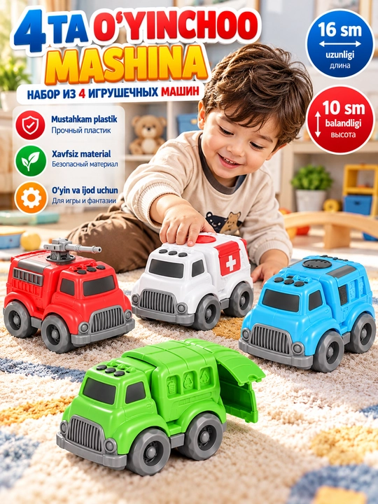 4 ta mini-mashinali bolalar yuk mashinasi, 3 yoshdan kattalar uchun