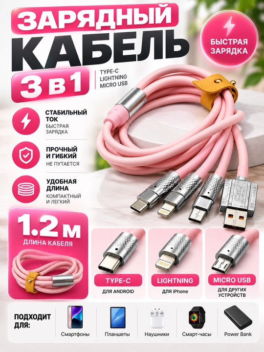 Zaryadlovchi kabel 3-in-1, 120 W, tez zaryad, kabel uzunligi 150 sm - 