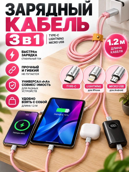 Zaryadlovchi kabel 3-in-1, 120 W, tez zaryad, kabel uzunligi 150 sm