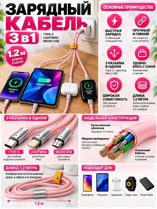 Zaryadlovchi kabel 3-in-1, 120 W, tez zaryad, kabel uzunligi 150 sm