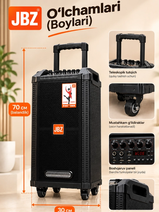 JBZ kalonka,portativ karnay,karaoke,2 mikrofon,Bluetooth,USB, kuchli ovoz, simsiz mikrofon