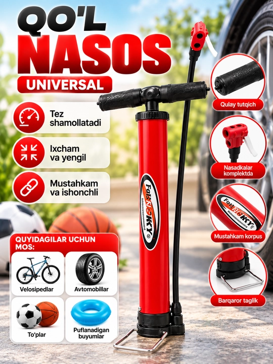 Qo‘l nasosi, velosiped, avtomobil shinalari, to‘p va shishiriladigan buyumlar uchun - 